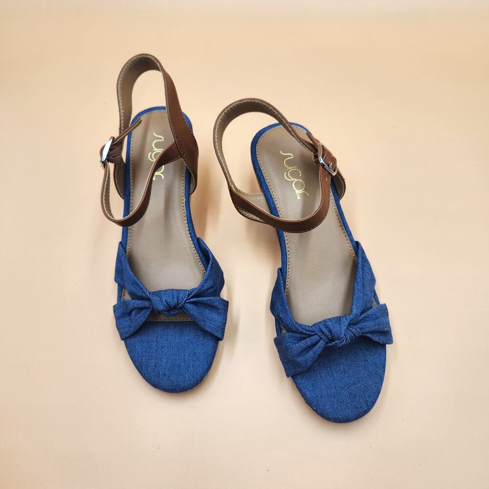 Sugar Big Girls Denim Blue Palmier Summer Cork Wedge Sandals Size Kids 4M - Picture 4 of 7